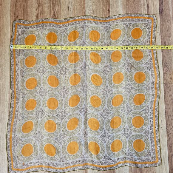 Vintage Geometric Sunburst Print Sheer Square Scarf – Yellow & Olive – 26” x 26” - Picture 3 of 4